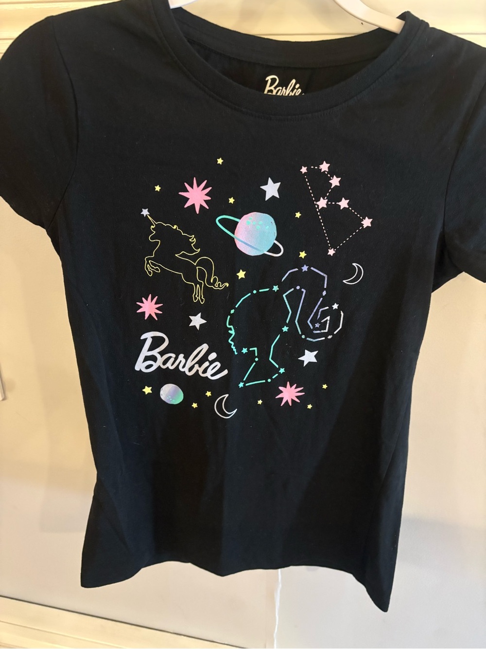 Barbie Black Tee with Pastel Pink, Teal, Yellow & White Space Graphics